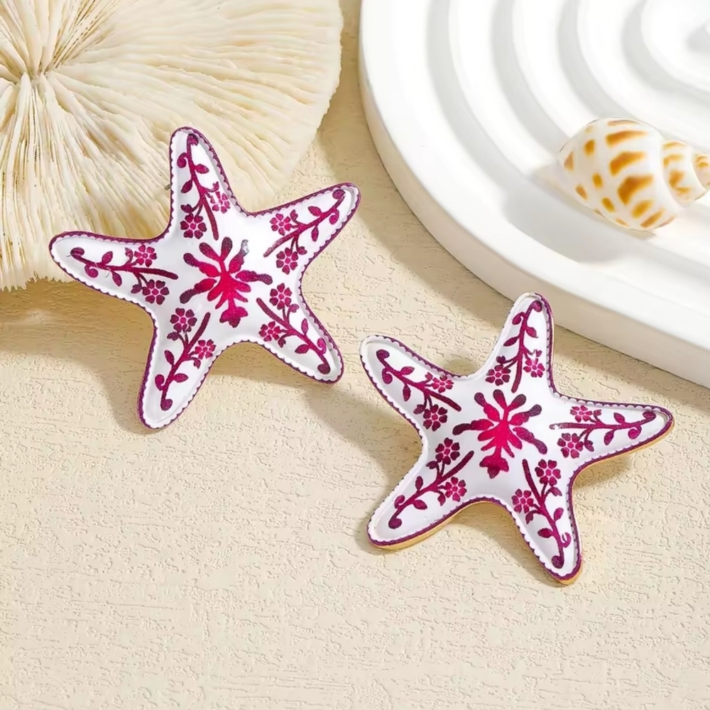 Pink & white metal starfish earrings enamel coating; 1.7h x 1.85w; nwot